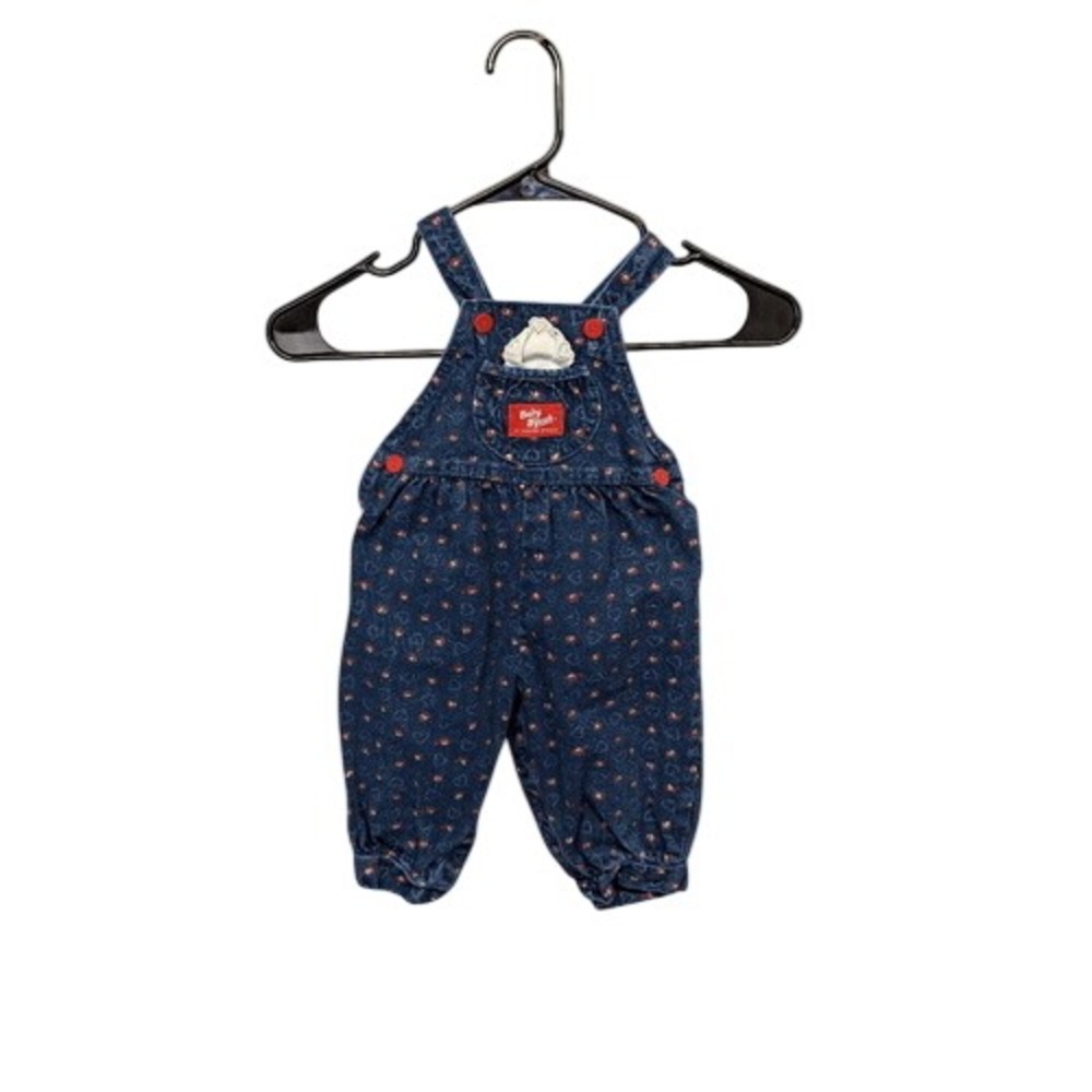 Vintage Baby OshKosh Bgosh Floral Heart Denim Overalls 12M Blue Red Vestbak USA